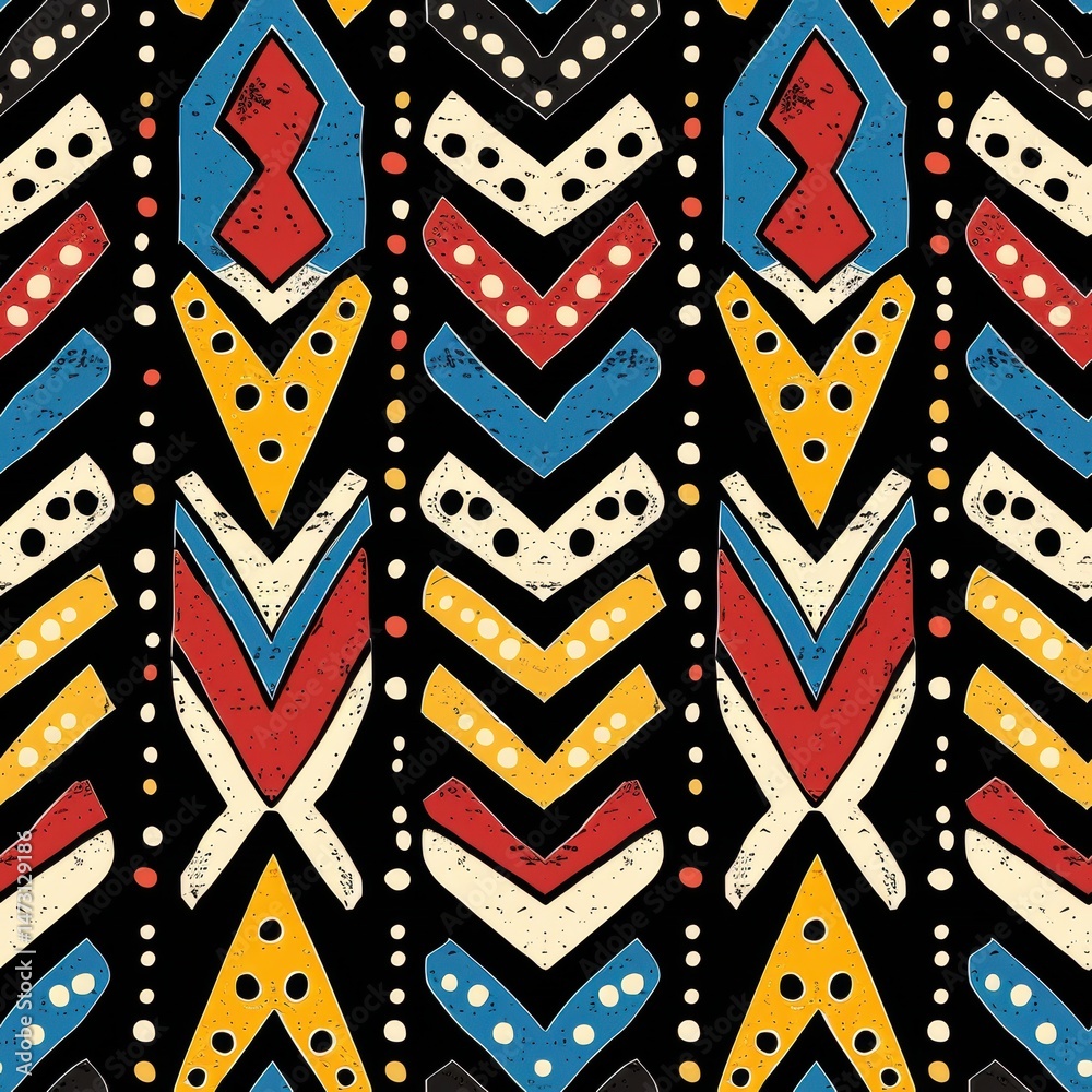 Obraz premium seamless abstract African tribal pattern of geometric lines, circles, waves, and bold shapes in ochre and terracotta