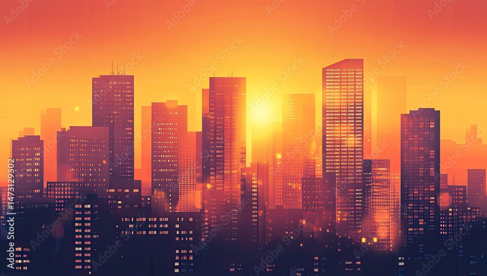 Sunrise over a modern metropolis. A vibrant city skyline bathed in warm golden hues of sunrise. Tall buildings line up in a dense urban scene Sunrise over a modern metropolis. A vibrant city skyline bathed in warm golden hues of sunrise. Tall buildings line up in a dense urban scene