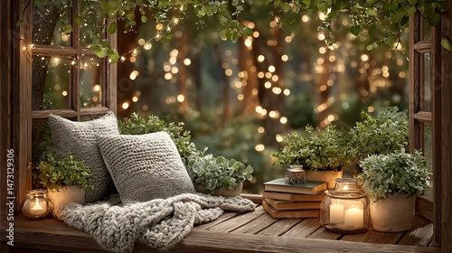 Cozy Window Seat Forest Night Lights  Hygge.