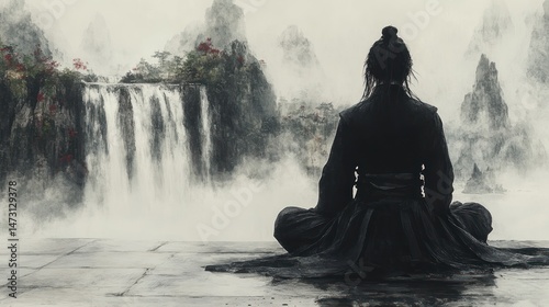 Peaceful figure meditating by a misty waterfall in a serene landscape.