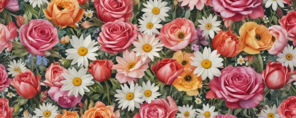 Fototapeta premium Vibrant watercolor blooms; roses, daisies, tulips , aesthetic, illustration, romantic