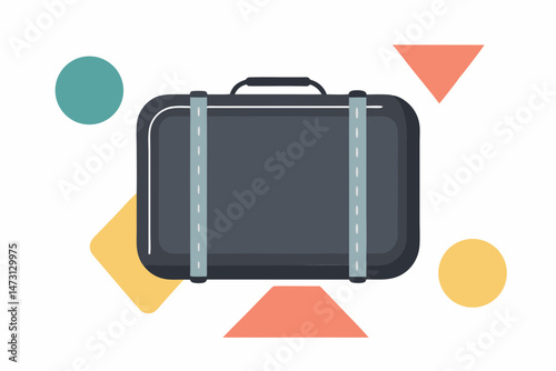 Stylish travel suitcase against colorful geometric background  