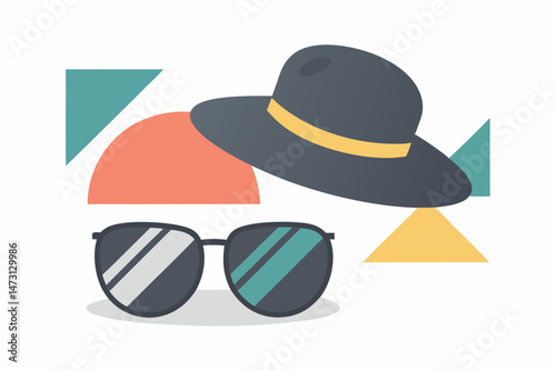 Stylish sunglasses and hat against colorful geometric background  