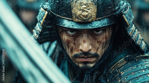 Close-up portrait of a warrior in rain-soaked armor.
