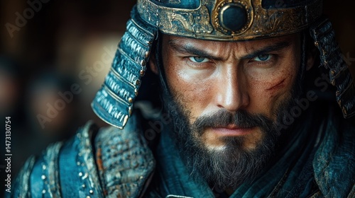 Close-up portrait of a warrior in elaborate armor.