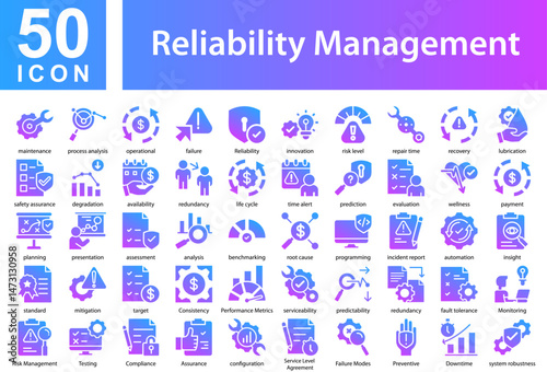 Reliability Management Icon Collection Set. maintenance,process analysis,operational,failure,Reliability,innovation,risk level,repair time,recovery,lubrication,Icon Symple Glyph Gradient