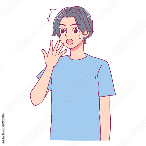 漫画テイストな口に手を当ててびっくりしてる男性のイラスト(カラー)