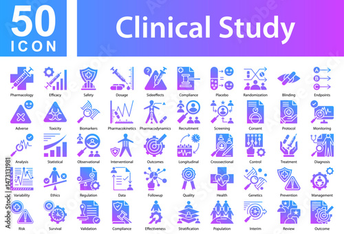 Clinical Study Icon Collection Set. Pharmacology,Dosage,Side-effects,Compliance,Placebo,Randomization,Blinding,Endpoints,Adverse,Toxicity,Biomarkers,Pharmacokinetics, Icon Symple Glyph Gradient