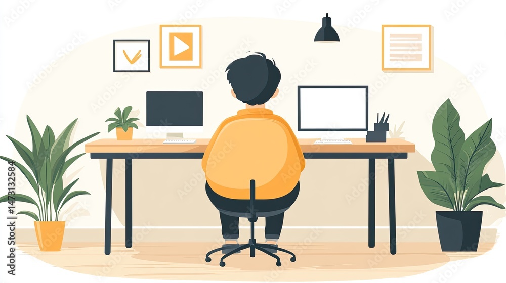 Fototapeta premium Man Working Home Office Desk.