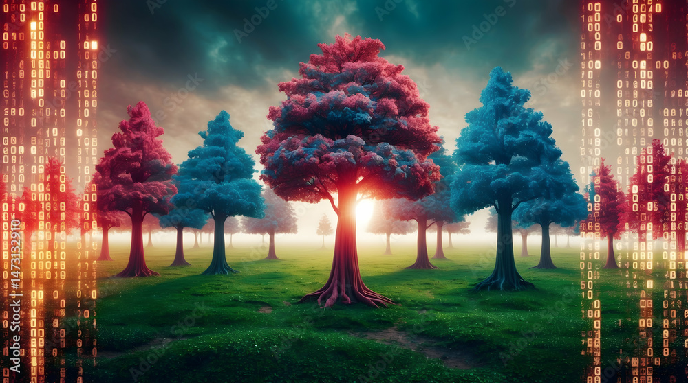 Fototapeta premium Colorful Trees in a Digital Forest, Binary Code Overlay