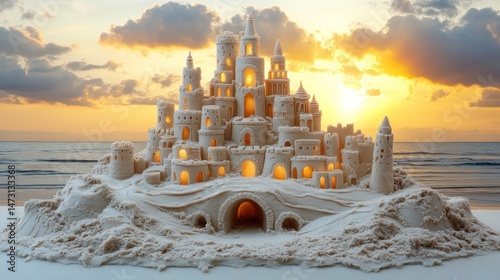 Majestic sandcastle structure at golden hour.