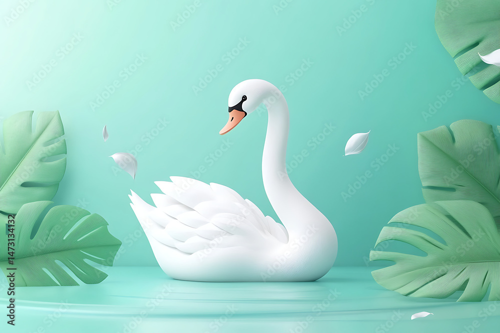 Obraz premium Elegant white swan gracefully gliding on a tranquil surface surrounded by lush green leaves
