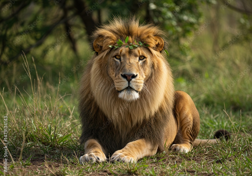 Obraz premium Lion resting in grass with leaf crown on head, looking at the camera