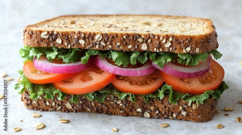 Whole wheat sandwich layered with vegetables.
