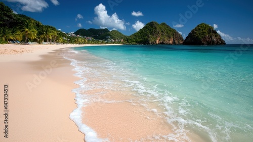 Pristine tropical beach scene with turquoise water and sandy shore.