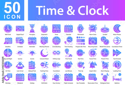 Time & Clock Scheduling Icon Collection Set. Wall Clock,Digital Clock,Hourglass,Stopwatch,Timer,Calendar,Wristwatch,Alarm Clock,Sundial,Moon Phases,Deadline,Schedule, Icon Symple Glyph Gradient