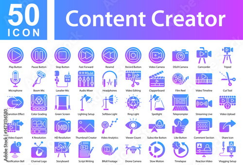  Content Creator Icon Collection Set. Play Button,Pause Button,Stop Button,Fast Forward,Rewind,Record Button,Video Camera,DSLR Camera,Camcorder,Tripod,Microphone, Icon Symple Glyph Gradient
