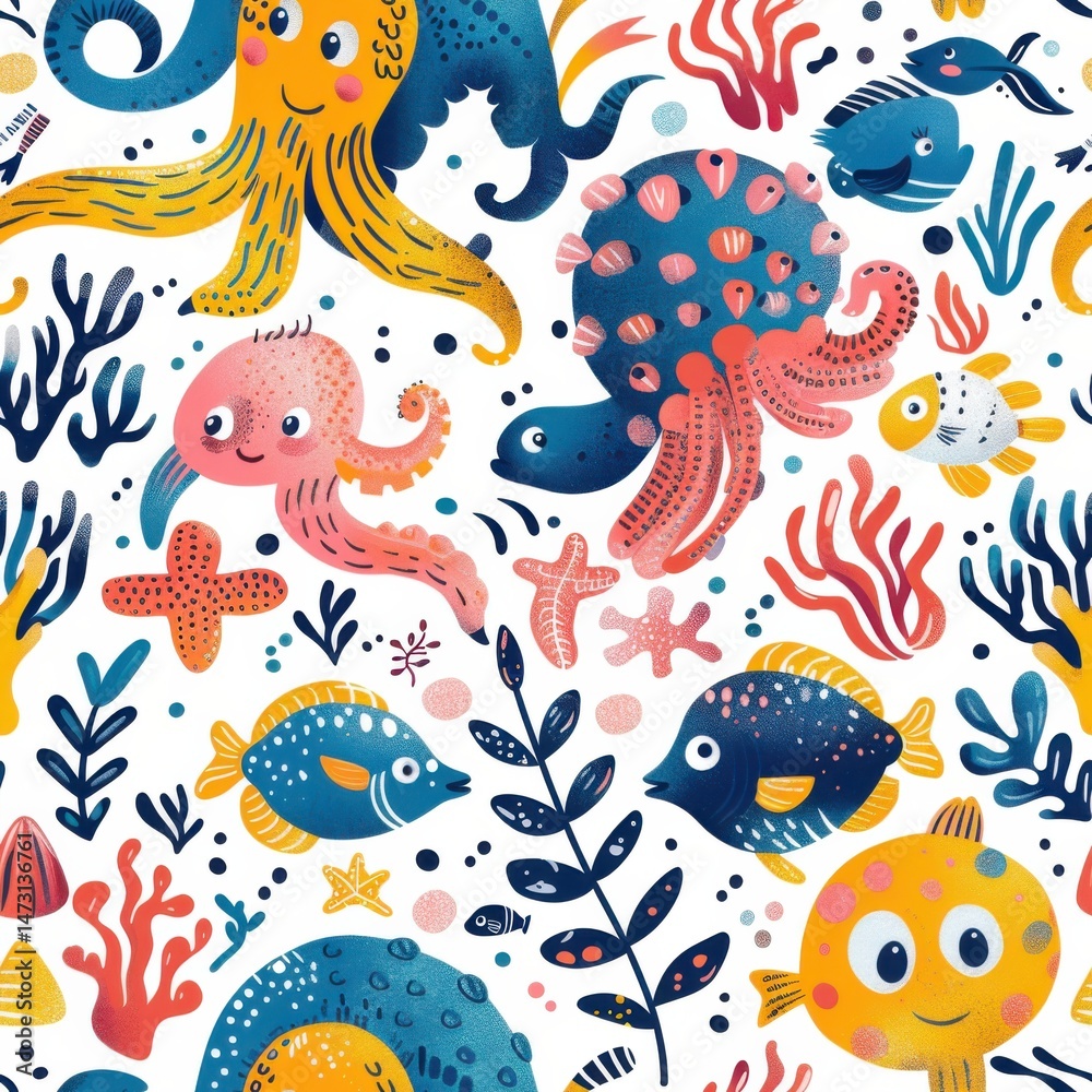 seamless aquatic cartoon pattern with playful sea creatures, pastel corals, and underwater plants, bright happy colors seamless aquatic cartoon pattern with playful sea creatures, pastel corals, and underwater plants, bright happy colors