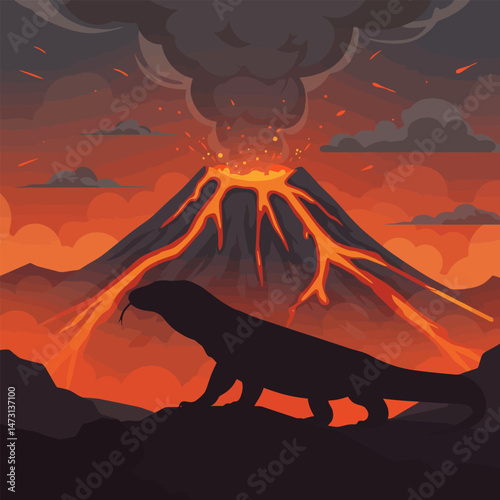 Lizard Silhouette Against Erupting Volcano with Lava and Smoke