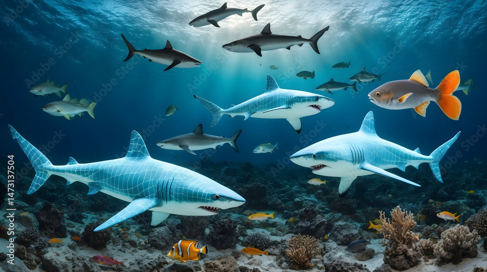 Fototapeta premium Diverse Sharks and Fish in a Vibrant Underwater Coral Reef Scene