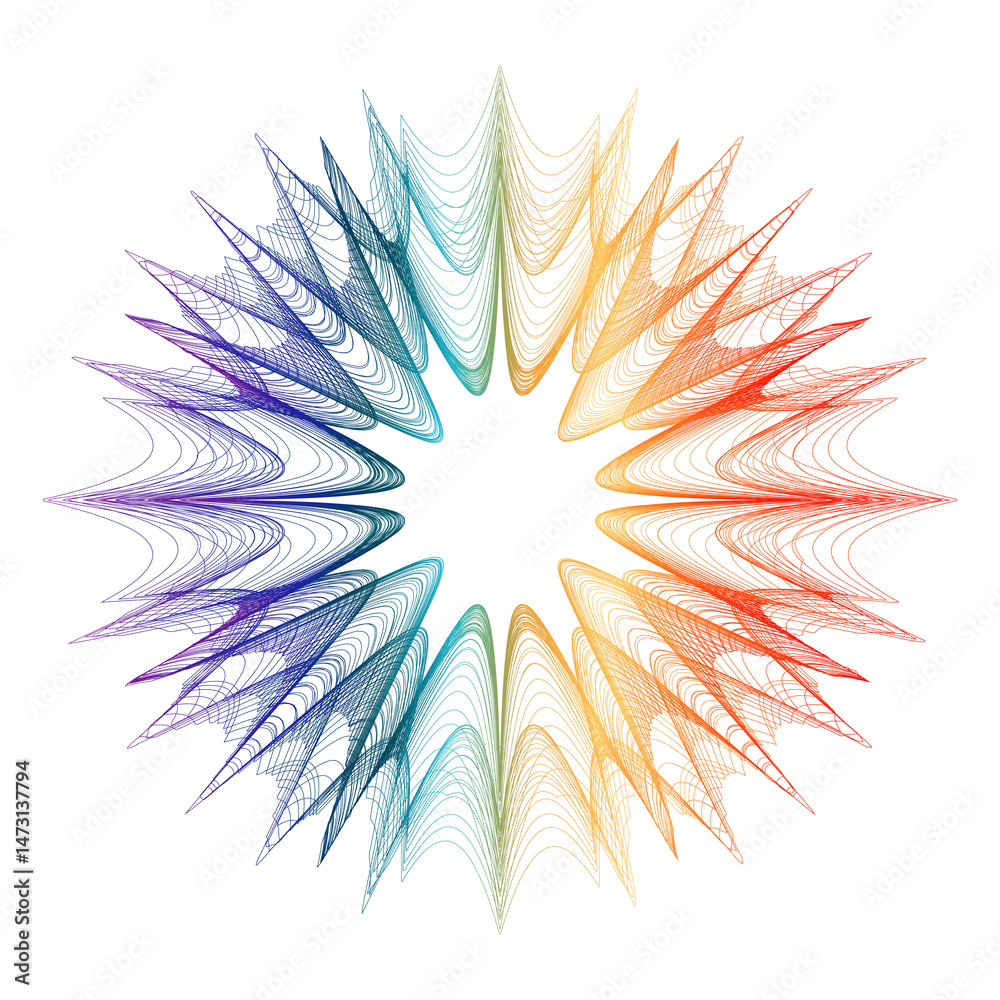 Fototapeta premium Abstract glowing geometry star with colourful light streaks, futuristic digital art concept, luminous floral-inspired design, transparent background, creative element, chakras. Sound wave.