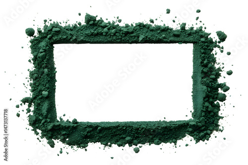 A rectangular frame made of light or dark green pigment powder, with a rough, textured appearance. The pigment should be scattered unevenly along the edges, forming a border with an irregular shape