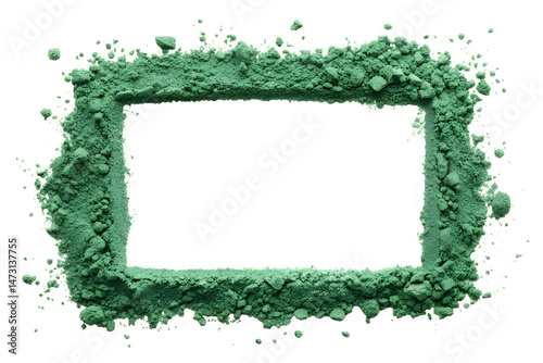 A rectangular frame made of light or dark green pigment powder, with a rough, textured appearance. The pigment should be scattered unevenly along the edges, forming a border with an irregular shape