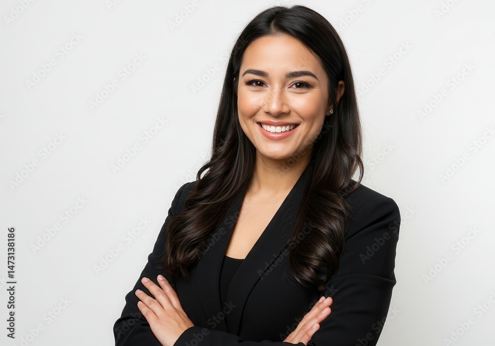 Smiling woman in black blazer with arms crossed against white background Smiling woman in black blazer with arms crossed against white background