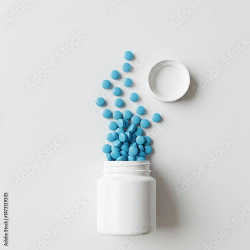 Blue Pills Spilled from White Bottle, Medical Tablets Scattered on White Background - Pharmacy, Medicine Concept