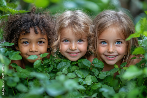 young girls peeking through plant leaves.