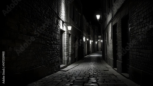 Dark alleyway with a brick wall and a light on the wall. There are several doors on the wall