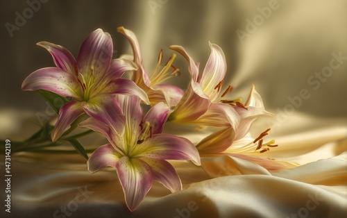 Elegant Lily Floral Arrangement on Textured Surface with Warm Lighting, Serene and Graceful Composition