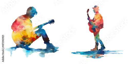 abstract color silhouette of guitar player watercolor vector illustration