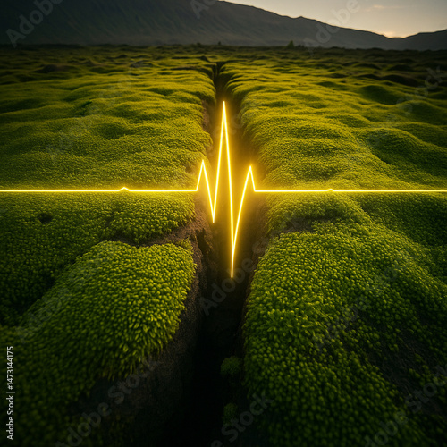 Heartbeat pulse glowing across moss-covered terrain