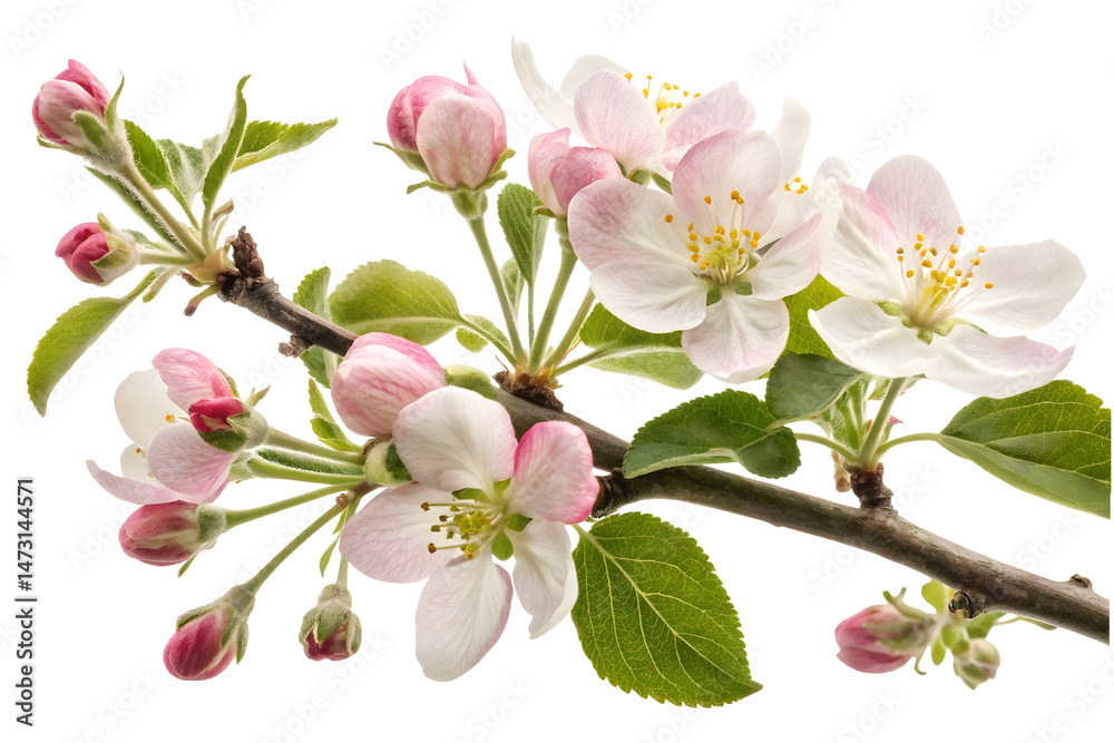 Naklejka premium Apple tree branch with pink and white blooming flower buds in spring isolated on white or transparent png background