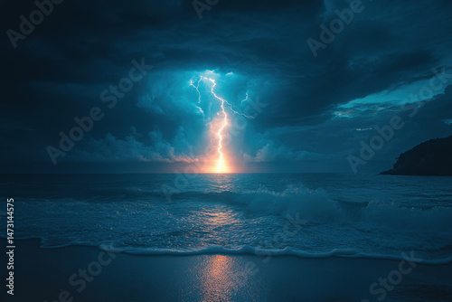Lightning bolt striking over the ocean.