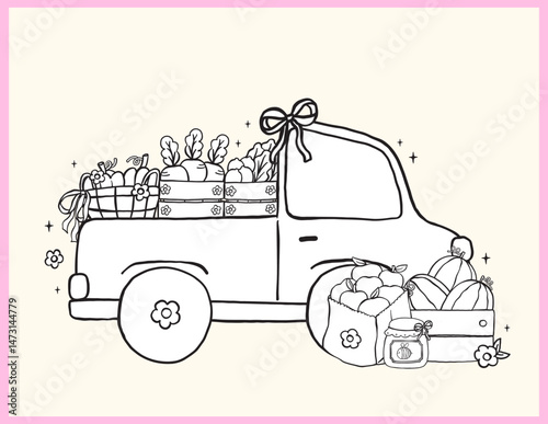 Cute Girly Farmer Market Outline Truck Car Contains Fresh Fruit, Veggies Produce Doodle Hand Drawn