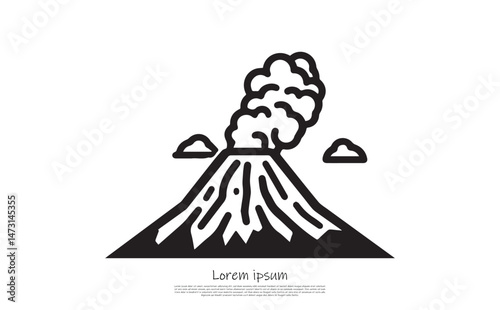 Erupting Volcano Outline with Lava and Smoke Cloud in Black on Transparent