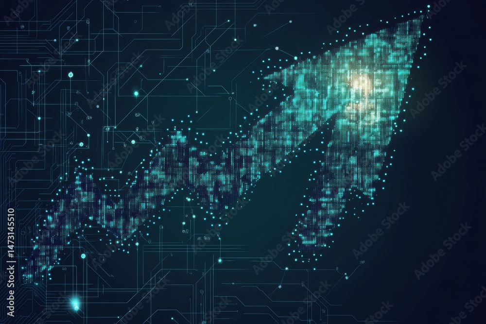 Obraz premium Large upward-pointing arrow made of digital pixels represents the rise in cryptocurrency value with a circuit-patterned background highlighting growth potential