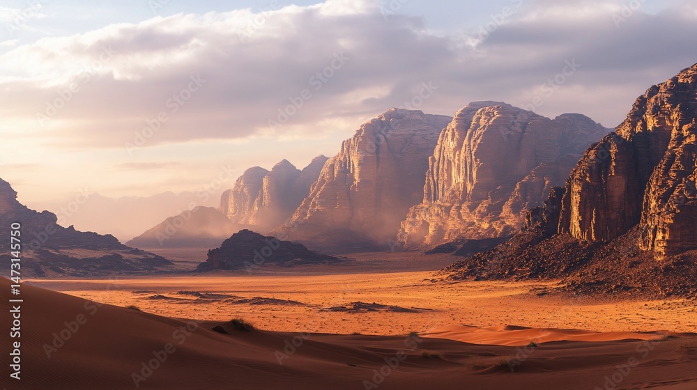 Naklejka premium Majestic sandstone mountains rise from the desert sands at sunrise, Wadi Rum Jordan
