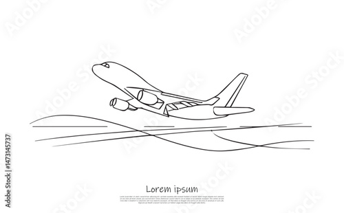 Line drawing airplane taking off on white transparent background single stroke art