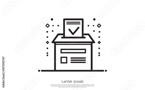 Line Icon of Vote Box with Paper Check Mark, Transparent Background, Minimalism