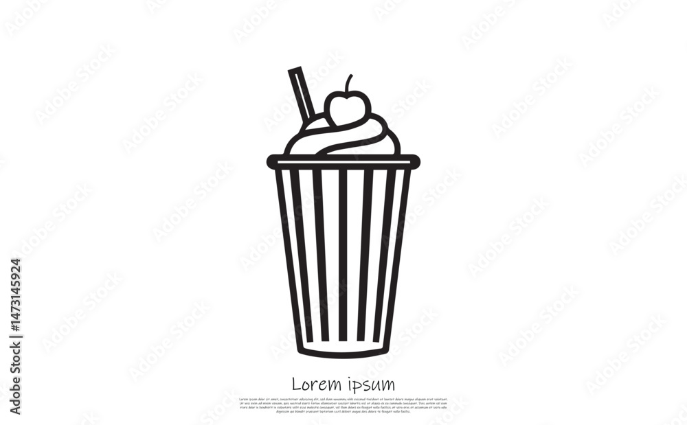 Outline dessert in striped cup with whipped cream straw and cherry on top isolated Outline dessert in striped cup with whipped cream straw and cherry on top isolated
