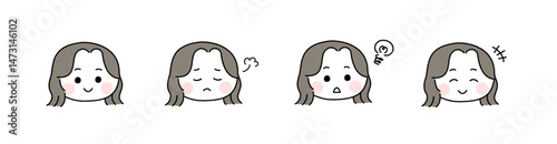 ゆるかわいい手描き風の表情セット／ミディアムヘアの女性