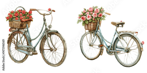 bike with basket full of roses watercolor vector illustration