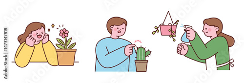 Cute people admiring, misting, and reacting to their houseplants. Flat cartoon illustration showing plant lovers’ emotions.
