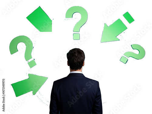 
Man facing green arrows and question marks, business uncertainty ,decision making ,problem solving ,  PNG file isolated on transparent background,


