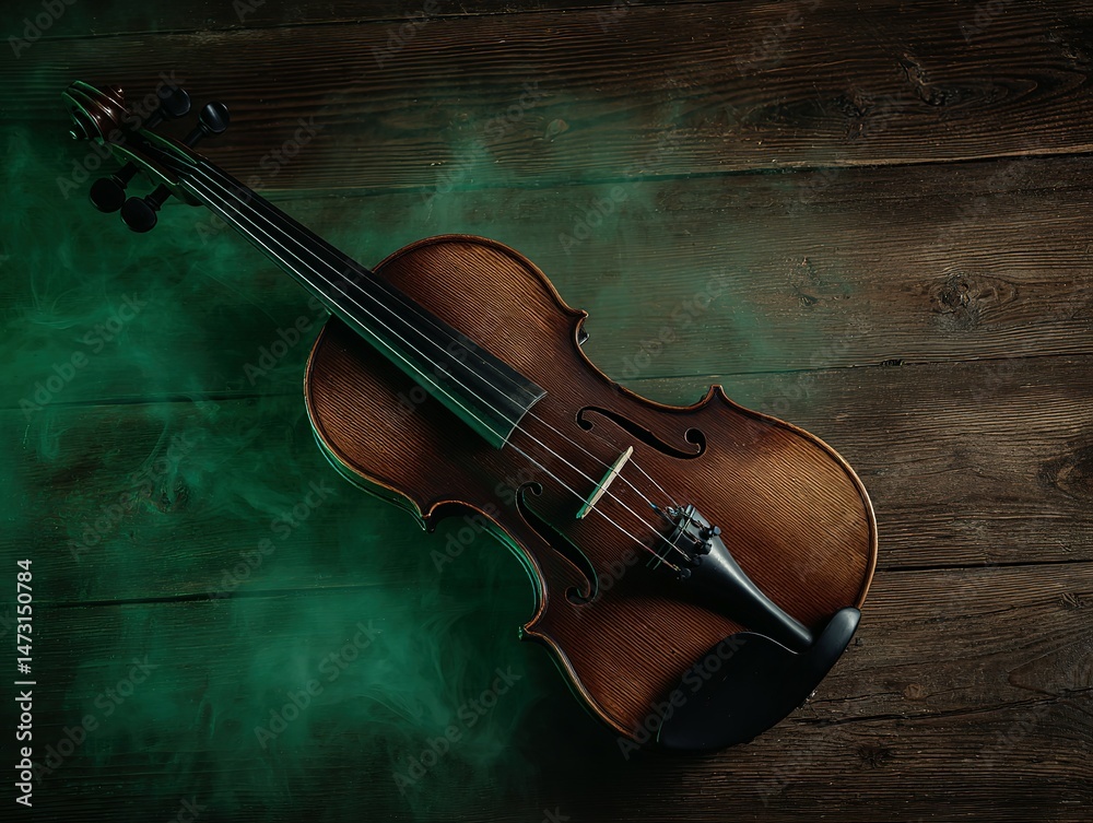 Fototapeta premium Vintage violin resting on a wooden surface, surrounded by green smoke.