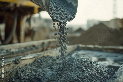 Construction site with concrete pouring from a chute into a mold, workers in background