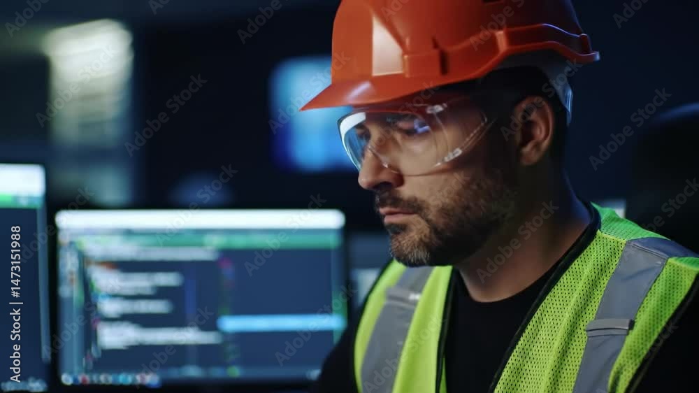 Engineer monitors data in control room with safety gear at night Engineer monitors data in control room with safety gear at night